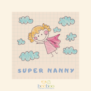 Colourful children's drawing of a Super Nanny floating in the air